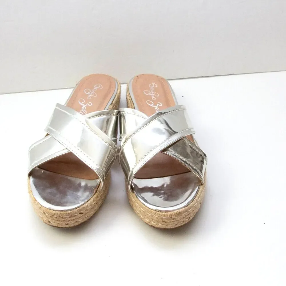 Sergio Zelcer Metallic Silver Chrome Cross Strips Slip On Platform Sandals 10